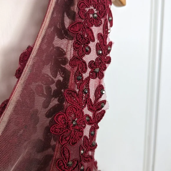 Faviana Lace Appliqued Long Mesh V-Neck Dress - Picture 4 of 11